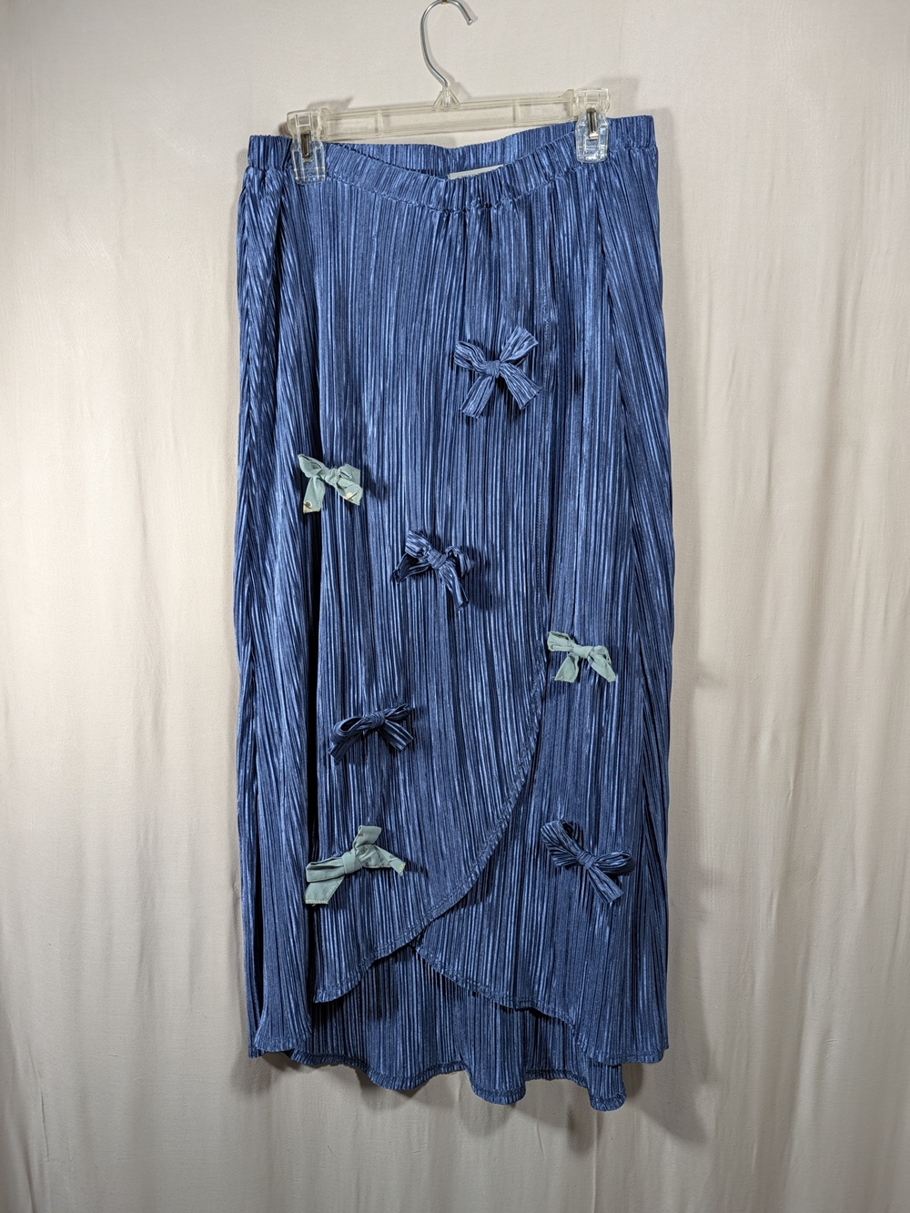 Blue Satin Pleated Bow Accent Faux Wrap Skirt